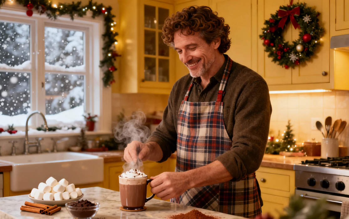 Christmas Preparations: Cozy Christmas preparation scene with decorated tree and hot cocoa