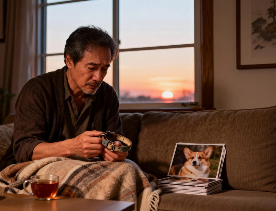 how to get over the death of a pet:A person grieving the loss of a pet, gently holding their dog's collar while sitting quietly at home.