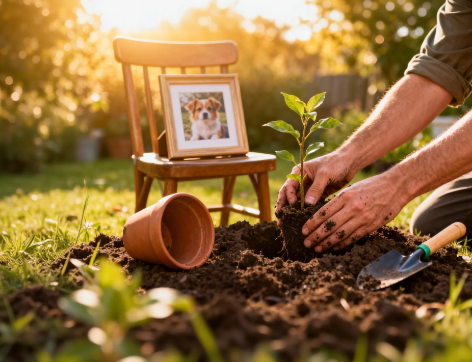 how to get over the death of a pet:A person's hands planting a young tree in the garden as a living memorial to honor a beloved pet.