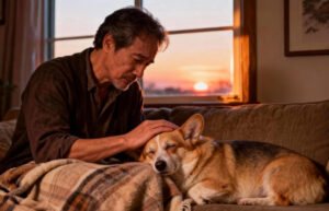 A person gently comforting an aging dog at home, symbolizing the deep bond and the journey of healing after pet loss.